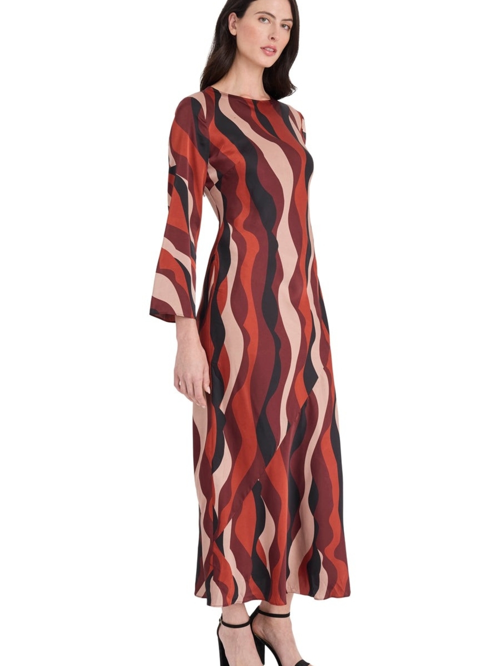 Donna Morgan Rust Multi Wavy-Print Long Sleeve Maxi Dress